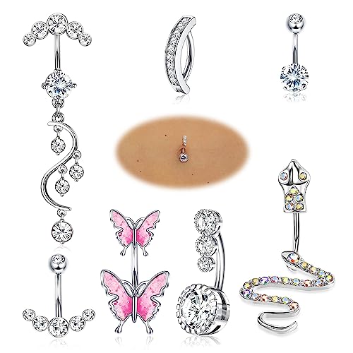 JeryWe Bauchnabelpiercing für Damen CZ Schlange Schmetterling Dangle Piercing Bauchnabel Edelstahl Nabel Barbell Körperschmuck Piercing 14G7 Stück von JeryWe