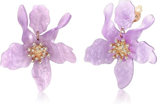 JeryWe Boho Blume Tropfen Ohrringe für Frauen Mädchen Modische Clip-Ohrringe ohne Piercing Acryl Lila Floral Lange Ohrringe Schmuck von JeryWe