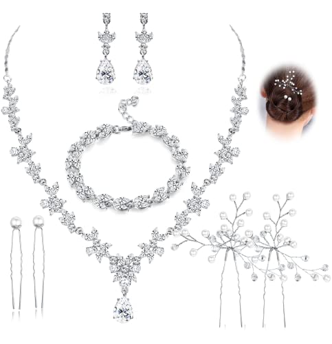 JeryWe Brautschmuck für Damen Frauen mit Haarnadeln Silber Halskette Ohrringe Brautarmbänder Kristall Abschlussball Kostüm Zubehör für Braut Brautjungfern Strass Hochzeit Brautschmuck Set（Stil1） von JeryWe