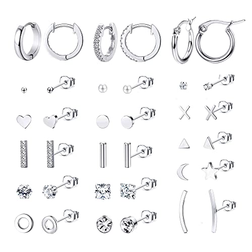 JeryWe 18 Paar Silber Ohrstecker Creolen Ohrringe Set, Edelstahl Ohrringe für Damen Mädchen Herren Geometrische Mond Dreieck Quadrat Kreis Bar Stern Kreis CZ Klein Ohrring Set für Mehrere Ohrlöcher von JeryWe