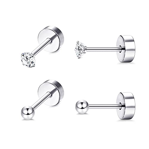 JeryWe Damen Herren Ohrstecker Titan Mädchen Ohrringe Hypoallergen 2mm Runde Kugel Cubic Zirconia Knorpel Ohrringe Set 20G Flache Rückseite Ohrringe für mehrere Piercings A von JeryWe