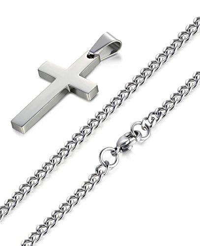 JeryWe Edelstahl Herren Kette mit Anhänger Silber Kreuz Kette Einfach Kreuz Halskette 56cm/61cm 35 * 20 * 3mm Kreuz, 22 Zoll Kette von JeryWe