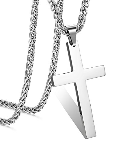 JeryWe Edelstahl Herren Kette mit Anhänger Silber Kreuz Kette Einfach Kreuz Halskette 56cm/61cm 50 * 30 * 3mm Kreuz, 24 Zoll Kette von JeryWe