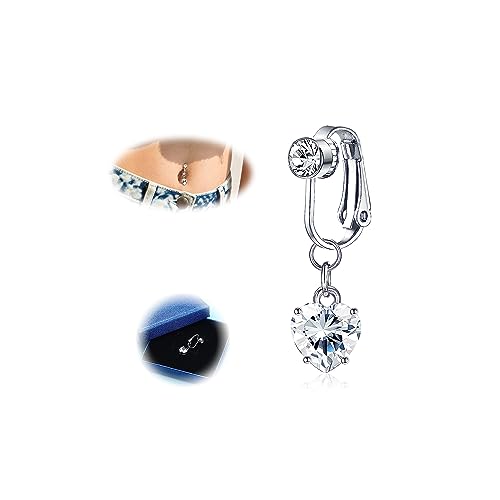 JeryWe Fake Bauchnabelpiercing für Frauen Clip On Silber Chirurgenstahl Schwangerschaft CZ Falsch Kein Piercing Bauchnabel Klemme Piercing Schmuck mit Box von JeryWe