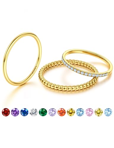 JeryWe Geburtssteinring - Dünne Stapelbare Goldringe für Damen, 14K Vergoldet, Nicht-Tarnierend mit CZ, Goldene Eheringe, Verlobungsringe und Wasserfeste Sets12. Zwölf monde. 57 von JeryWe
