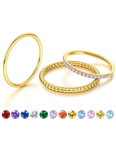 JeryWe Geburtssteinring - Dünne Stapelbare Goldringe für Damen, 14K Vergoldet, Nicht-Tarnierend mit CZ, Goldene Eheringe, Verlobungsringe und Wasserfeste SetsIm juni lavendel 52 von JeryWe