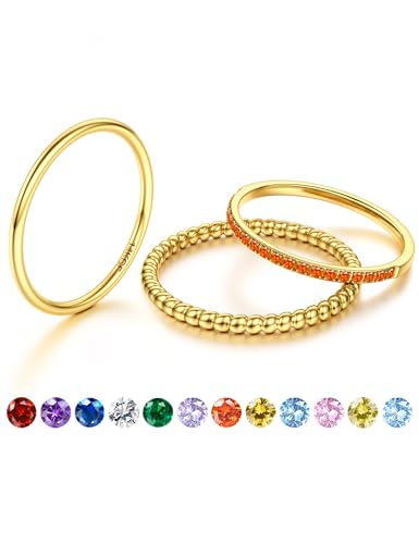 JeryWe Geburtssteinring - Dünne Stapelbare Goldringe für Damen, 14K Vergoldet, Nicht-Tarnierend mit CZ, Goldene Eheringe, Verlobungsringe und Wasserfeste SetsJuli. Rubin 62 von JeryWe