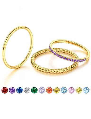 JeryWe Geburtssteinring - Dünne Stapelbare Goldringe für Damen, 14K Vergoldet, Nicht-Tarnierend mit CZ, Goldene Eheringe, Verlobungsringe und Wasserfeste SetsLila, februar. 57 von JeryWe
