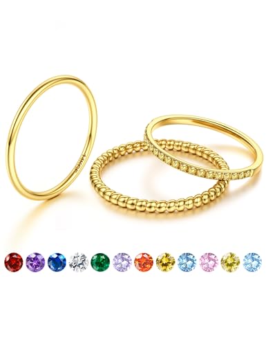 JeryWe Geburtssteinring - Dünne Stapelbare Goldringe für Damen, 14K Vergoldet, Nicht-Tarnierend mit CZ, Goldene Eheringe, Verlobungsringe und Wasserfeste SetsNovember gelb 52 von JeryWe