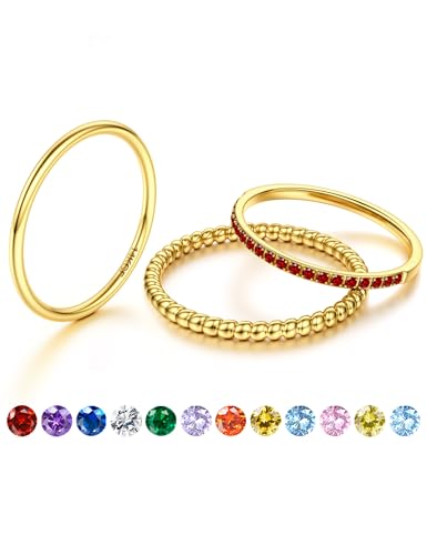 JeryWe Geburtssteinring - Dünne Stapelbare Goldringe für Damen, 14K Vergoldet, Nicht-Tarnierend mit CZ, Goldene Eheringe, Verlobungsringe und Wasserfeste SetsRoter januar. 60 von JeryWe