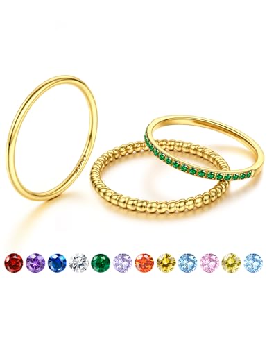 JeryWe Geburtssteinring - Dünne Stapelbare Goldringe für Damen, 14K Vergoldet, Nicht-Tarnierend mit CZ, Goldene Eheringe, Verlobungsringe und Wasserfeste SetsVielleicht ist es grün. 57 von JeryWe