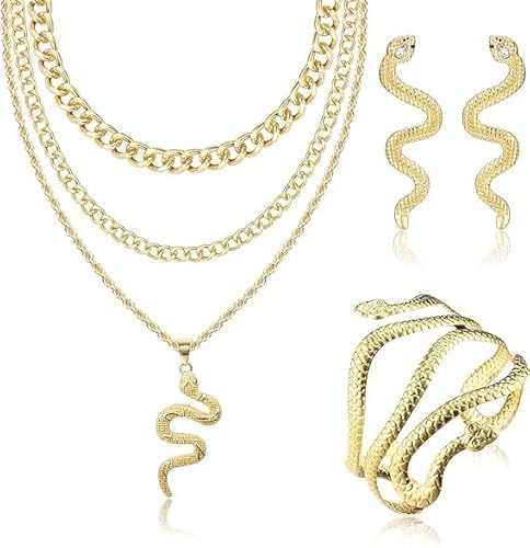 JeryWe Gold Schlangen Schmuck Set für Frauen - Lange Drop Ohrringe, Mehrschichtige Anhänger Choker, Armband - Punk Halloween Tier Schmuckgeschenk von JeryWe