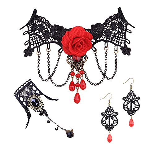 JeryWe Gotisch Choker Halskette Armbänder Ohrringe Schmuck 4 PCS Damen Schwarz Spitze Armband Choker Zubehör Vintage Halsband Victorian Schmuck für Halloween Pfingsten Maskerade Karneval Fasching von JeryWe