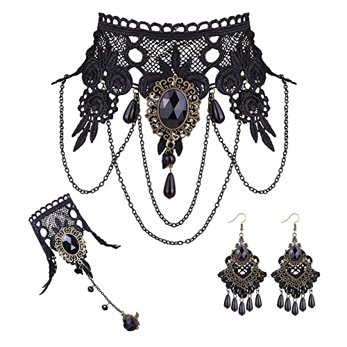 JeryWe Gotisch Choker Halskette Armbänder Ohrringe Schmuck 4 PCS Damen Schwarz Spitze Gotisch Victorian Steampunk Retro Armband Choker Zubehör für Halloween Ostern Lolita Spitze Schwarz Geschenk von JeryWe
