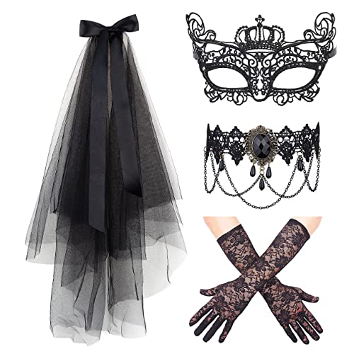 JeryWe Halloween Kostüm Schmuck Set Choker Spitze Halskette Schwarze Spitze Handschuhe für Halloween Maskerade Maske Schwarzer Schleier Fascinator Hut,Handschuhe Gotisch Kostüm Choker Zubehör von JeryWe