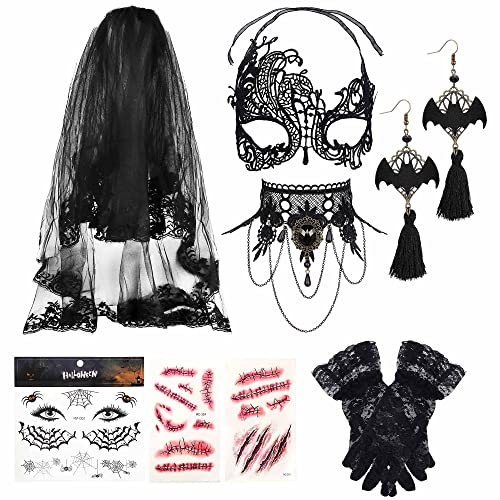 JeryWe Halloween Schleier Maske Choker Halskette Ohrringe Tattoo Sticker für Frauen Spitze Maskerade Schwarz Gothic Choker Handschuhe Ohrringe Dangle Halloween Kostüm Zubehör von JeryWe