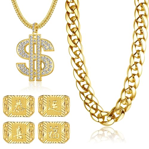 JeryWe Hip Hop Vergoldete Kette Halsketten und Ringe Set für Männer Frauen Rapper Kostüm Große klobige Kette mit Dollar Zeichen Kanji Segen Glücks Ringe 80er 90er Party Schmuck von JeryWe