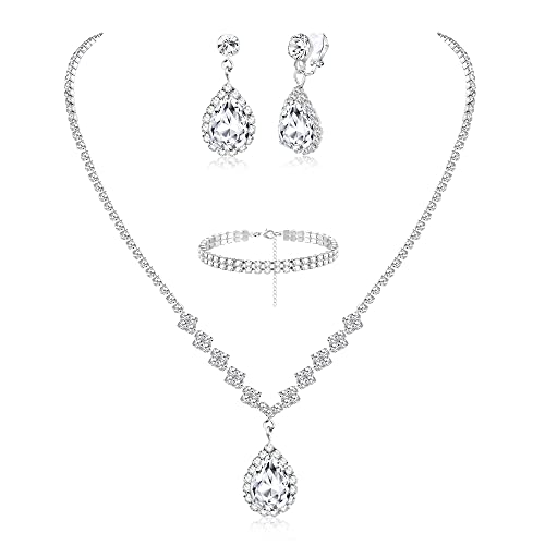 JeryWe Hochzeit Schmuck Set für Damen Silber Strass Halskette Clip-on Ohrringe ArmbänderAbschlussball Schmuck Silber-b von JeryWe