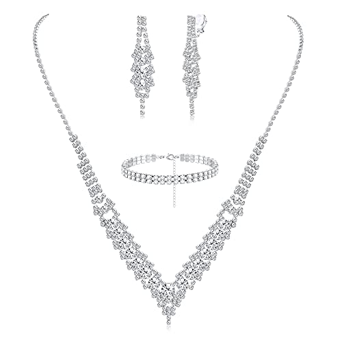 JeryWe Hochzeit Schmuck Set für Damen Silber Strass Halskette Clip-on Ohrringe ArmbänderAbschlussball Schmuck Silber-c von JeryWe