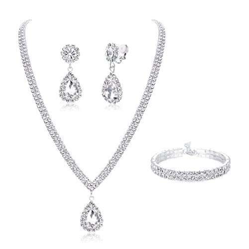 JeryWe Hochzeit Schmuck Set für Damen Silber Strass Halskette Clip-on Ohrringe ArmbänderAbschlussball Schmuck Silber-d von JeryWe