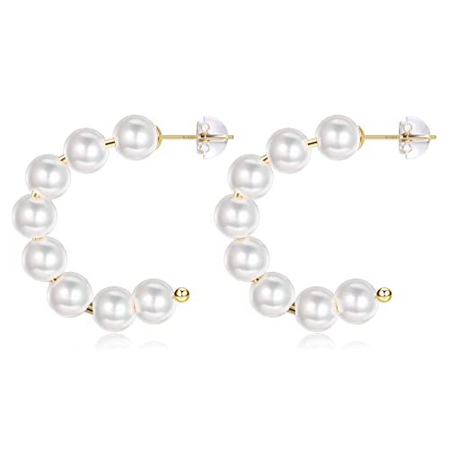 JeryWe Perlen Creolen für Damen Frauen Open Circuit Kleine Perle Silbernadel Hypoallergen Große Kreis Creolen mit Runde Perlen C Form Perlenschmuck Geschenke Perlenohrringe Creolen(15MM) von JeryWe