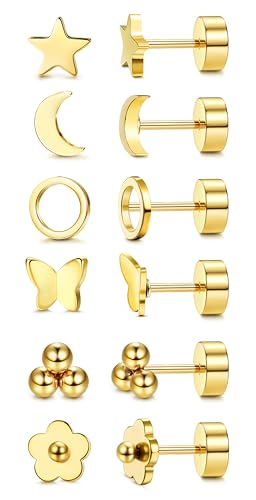 JeryWe 6 Paar 20G 2mm Tiny Stud Ohrringe FüR Frauen MäNner Knorpel Ohrstecker Ohrringe Stern Mond Multistyle Flatback Stud Ohrringe Piercing Schmuck von JeryWe