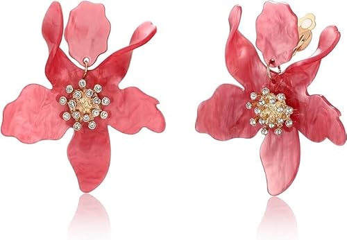 JeryWe Boho Blume Tropfen Ohrringe für Frauen Mädchen Modische Clip-Ohrringe ohne Piercing Acryl Rot Floral Lange Ohrringe Schmuck von JeryWe