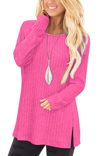 Jescakoo Damen Pullover Herbst Rundhals Langarmshirt Leichtes Oversize Sweatshirt Elegant Winter Strickpullover Heißes Rosa XXL von Jescakoo