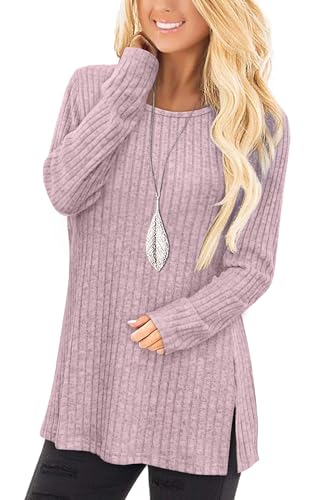 Jescakoo Damen Pullover Herbst Rundhals Langarmshirt Leichtes Oversize Sweatshirt Elegant Winter Strickpullover Hellrosa XXL von Jescakoo