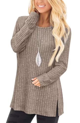 Jescakoo Damen Pullover Herbst Rundhals Langarmshirt Leichtes Oversize Sweatshirt Elegant Winter Strickpullover Kaffee XXL von Jescakoo