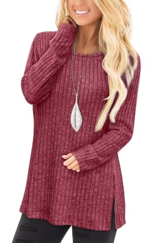 Jescakoo Damen Pullover Herbst Rundhals Langarmshirt Leichtes Oversize Sweatshirt Elegant Winter Strickpullover Rot XXL von Jescakoo