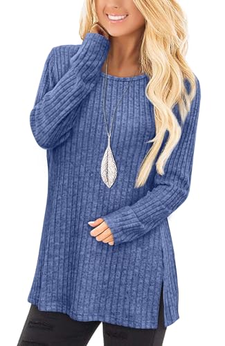 Jescakoo Damen Pullover Herbst Rundhals Langarmshirt Leichtes Oversize Sweatshirt Elegant Winter Strickpullover Tiefblau XXL von Jescakoo