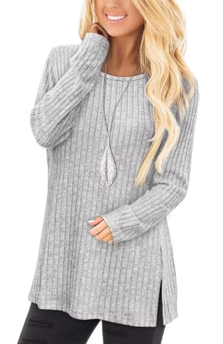 Jescakoo Damen Pullover Herbst Rundhals Langarmshirt Leichtes Oversize Sweatshirt Elegant Winter Strickpullover hellgrau XXL von Jescakoo
