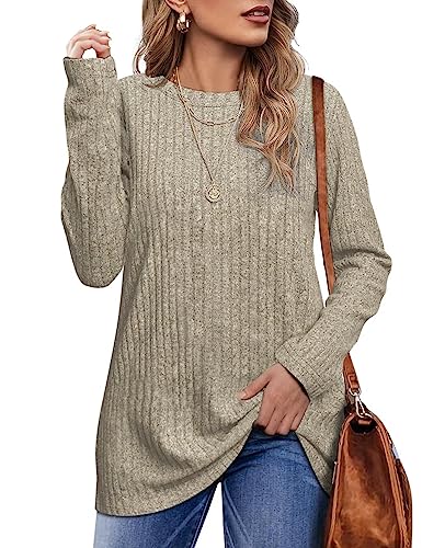 Jescakoo Damen Pullover Casual Rundhals Langarmshirt Leichtes Herbst Strickpullover Winter Oberteile Aprikose L von Jescakoo