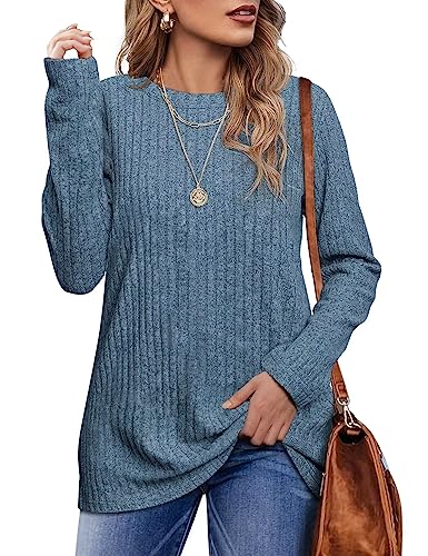 Jescakoo Damen Pullover Casual Rundhals Langarmshirt Leichtes Herbst Strickpullover Winter Oberteile Blau 2XL von Jescakoo