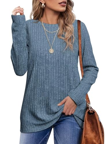 Jescakoo Damen Pullover Casual Rundhals Langarmshirt Leichtes Herbst Strickpullover Winer Oberteile Blau XL von Jescakoo