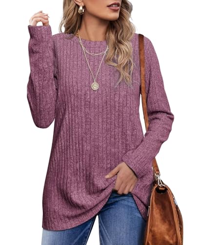 Jescakoo Damen Pullover Casual Rundhals Langarmshirt Leichtes Herbst Strickpullover Winter Oberteile Fuchsie M von Jescakoo