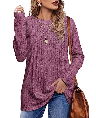 Jescakoo Damen Pullover Casual Rundhals Langarmshirt Leichtes Herbst Strickpullover Winter Oberteile Fuchsie XL von Jescakoo