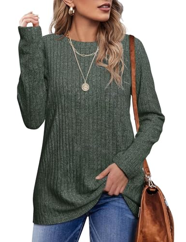 Jescakoo Damen Pullover Casual Rundhals Langarmshirt Leichtes Herbst Strickpullover Winer Oberteile Graugrün L von Jescakoo