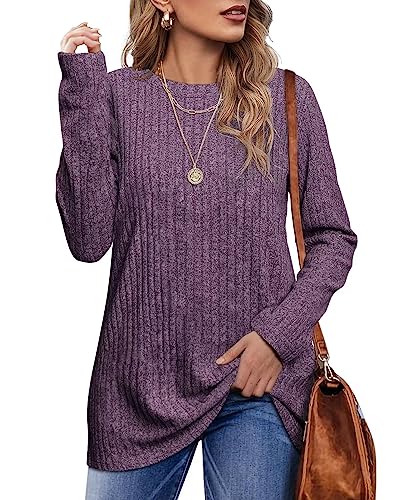 Jescakoo Damen Pullover Casual Rundhals Langarmshirt Leichtes Herbst Strickpullover Winter Oberteile Graulila L von Jescakoo