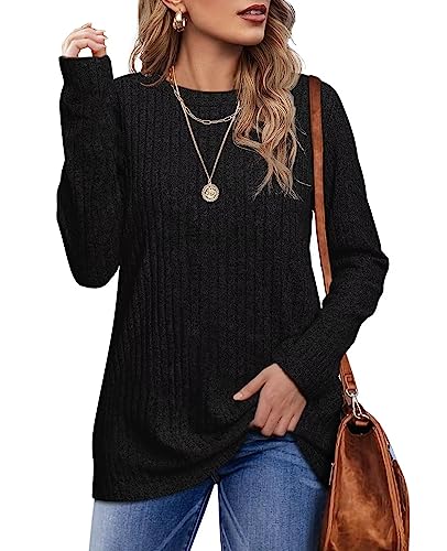 Jescakoo Damen Pullover Casual Rundhals Langarmshirt Leichtes Herbst Strickpullover Winter Oberteile Schwarz S von Jescakoo