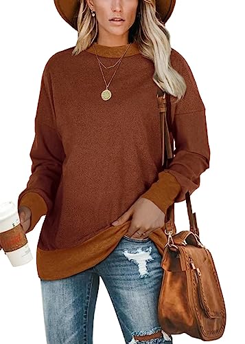 Jescakoo Pullover Damen Langarm Sweatshirt Rundhals Leicht Langarmshirt Lockere Passform Oberteile Herbst Winter Braun S von Jescakoo