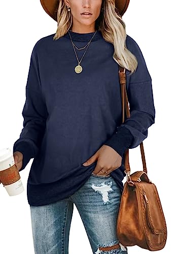 Jescakoo Pullover Damen Langarm Sweatshirt Rundhals Leicht Langarmshirt Lockere Passform Oberteile Herbst Winter Dunkelblau M von Jescakoo