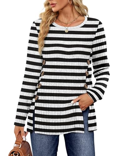 Jescakoo Damen Pullover Langarmshirt Leichtes Symmetrische Button Oberteile Winter Oversize Elegant Schwarz-Weiß XL von Jescakoo