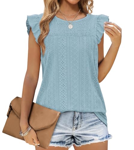 Jescakoo Tank Top Damen Ärmellos mit Rüschen Kurzarm Ösenstoff Top Damen Elegant Oberteile Sommer Rundhals Ausschnitt Bluse Damen 2024 Blau L von Jescakoo