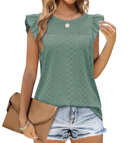 Jescakoo Tank Top Damen Ärmellos mit Rüschen Kurzarm Ösenstoff Top Damen Elegant Oberteile Sommer Rundhals Ausschnitt Bluse Damen 2024 Grün L von Jescakoo