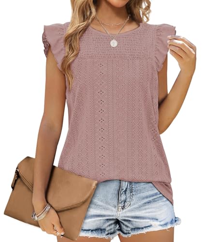 Jescakoo Tank Top Damen Ärmellos mit Rüschen Kurzarm Ösenstoff Top Damen Elegant Oberteile Sommer Rundhals Ausschnitt Bluse Damen 2024 Violett 2XL von Jescakoo