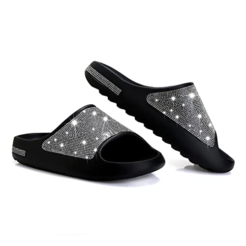 Jesindr Cloud Sliders Damen UK, Sommer-Hausschuhe Damen, dicke Sohle, rutschfest, bequem, Strandsandalen mit Diamanten, schnell trocknende Hausschuhe für drinnen und draußen, Schwarz , 38 EU von Jesindr