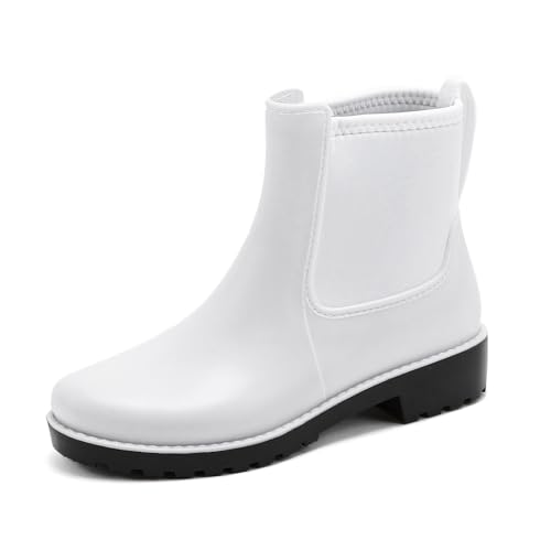 Jesindr Gummistiefel Damen Halbhoch Wasserdicht, Anti-Rutsch Atmungsaktiv Stiefeletten, Bequem Gummi Regenschuhe, Schwarz Chelsea-Stiefel, Weiß, 38 EU von Jesindr