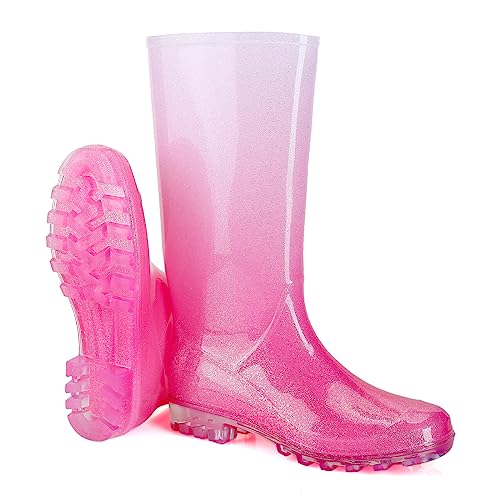 Gummistiefel Regenstiefel Damen Warm, Original Safety Wasserdichte Anti-Rutsch Atmungsaktiv Hoch Stiefel Reitstiefel, Leicht Regenschuhe Gummistiefeletten für den Außenbereich, Rosa Glitzer, 38 EU von Jesindr